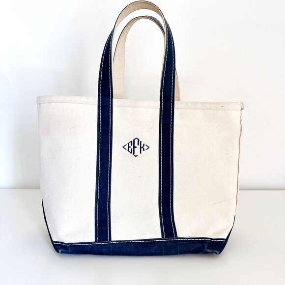 VINTAGE LLBEAN BOAT & TOTE BAG - WHITE WITH NAVY - MONOGRAM EFK - MEDIUM 16" - Picture 1 of 12